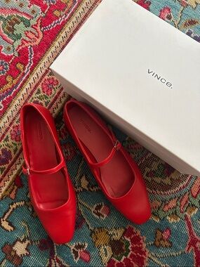 Vince Red Leather Mary Jane Flats with Square Toe
